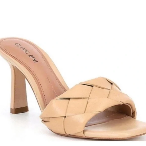 Gianni Bini Women's Alonia Square Toe Woven Tan
Leather Heeled Sandals - Picture 1 of 8